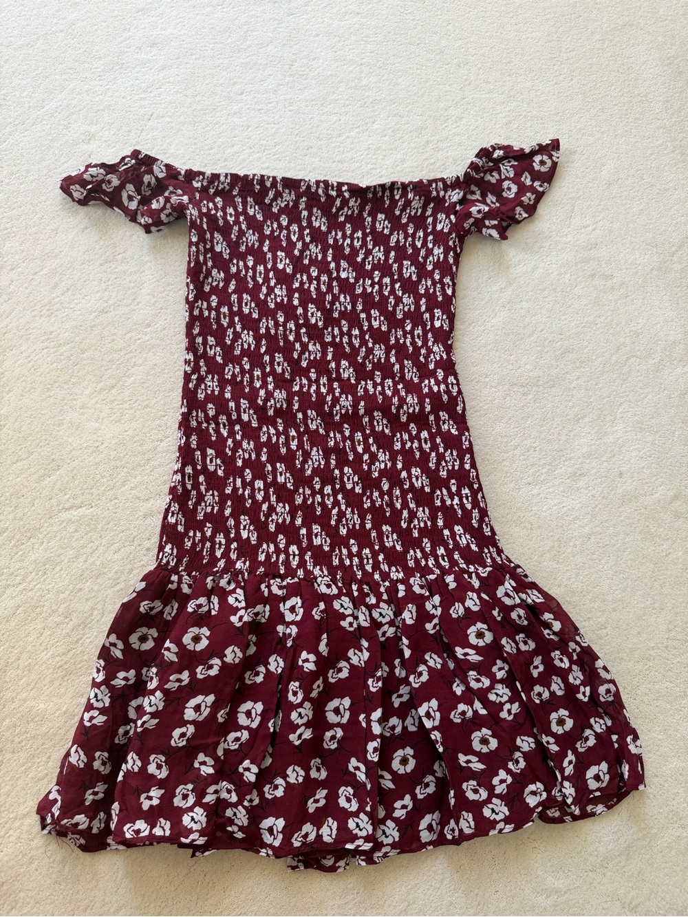 Zara Burgundy Floral Off-Shoulder Smocked Dress